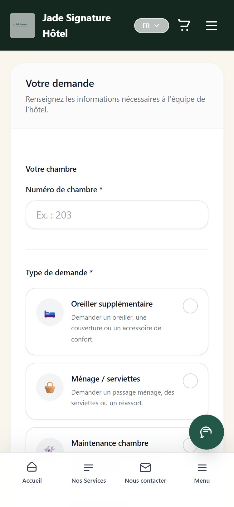 Le formulaire de demande en chambre avec le numéro de chambre et le choix des demandes.