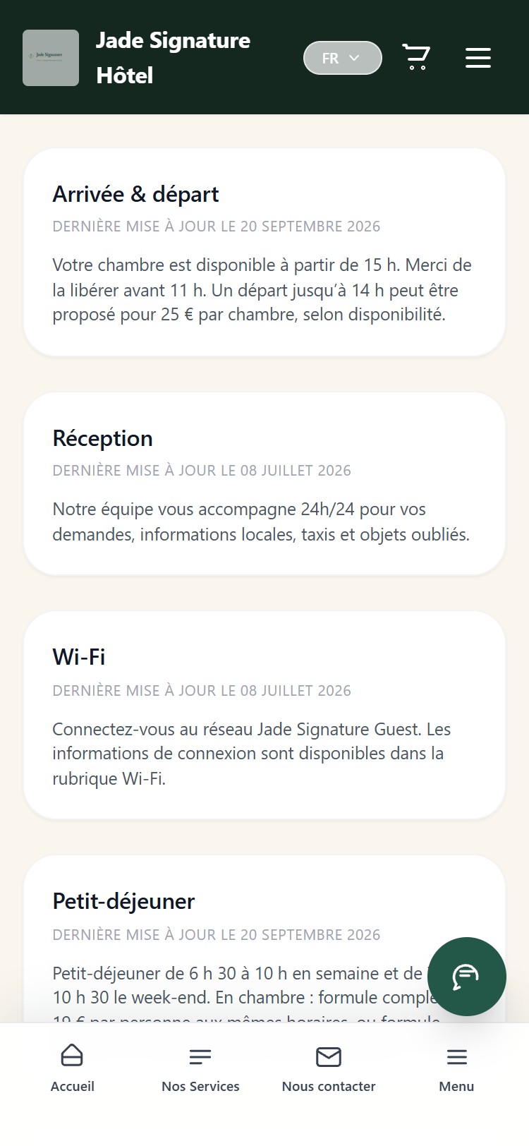 Interface client de Jade Signature Hôtel sur mobile : les informations pratiques du séjour.
