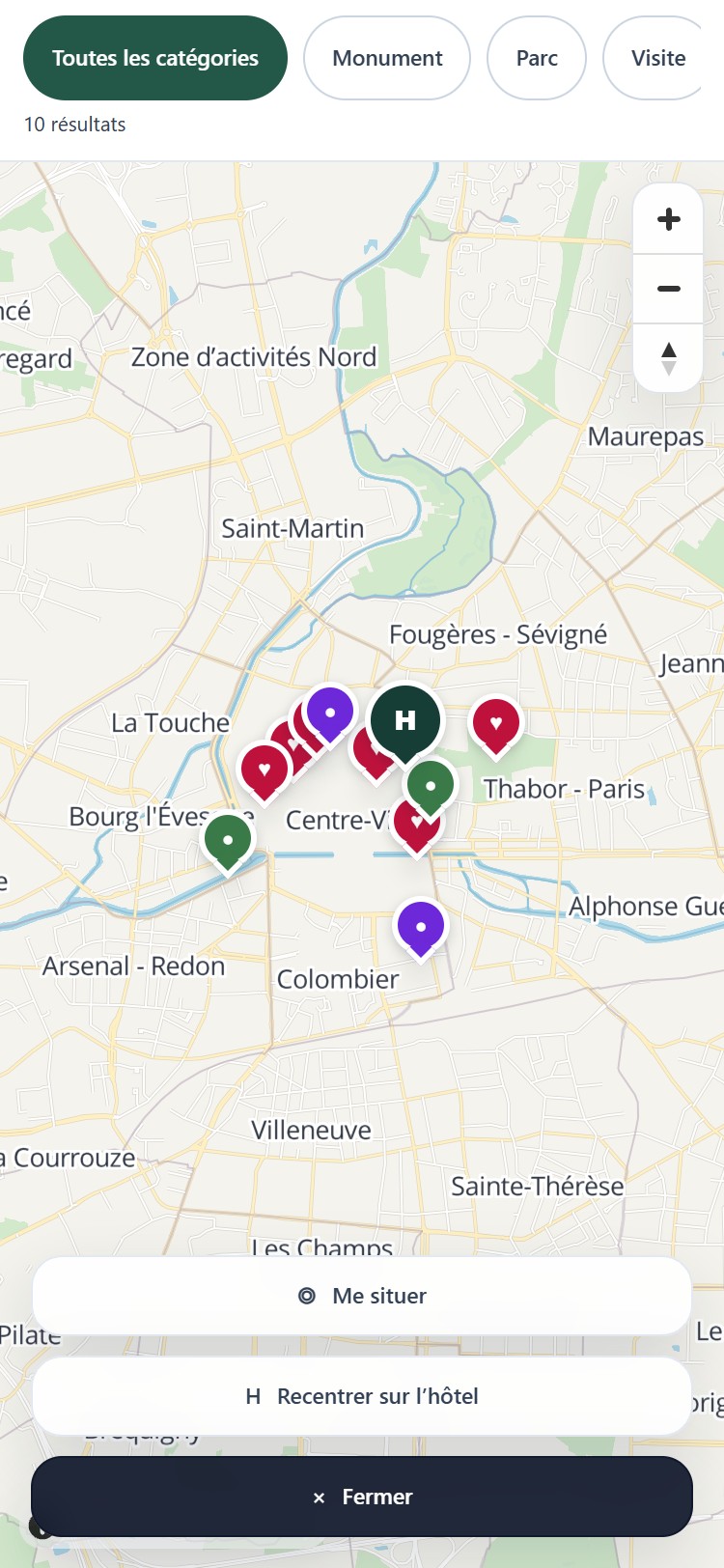 La carte des points d’intérêt de Jade Signature Hôtel, consultée sur un téléphone.