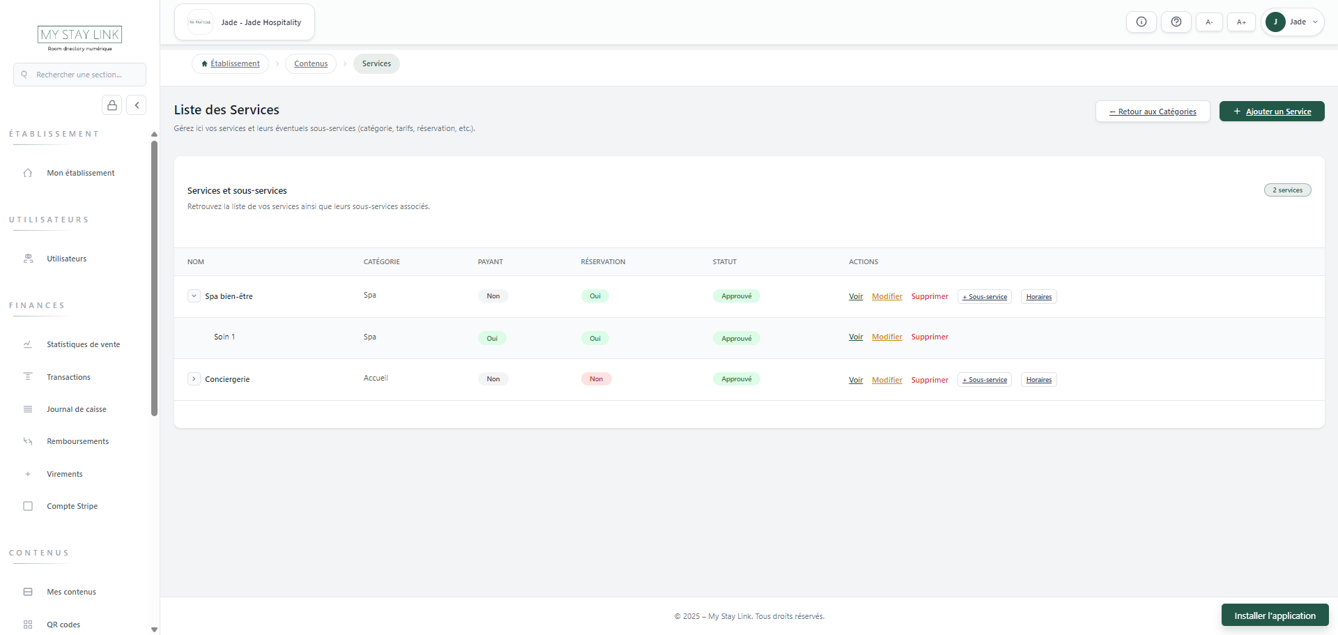 Room directory -  Gestion de la catégorie services