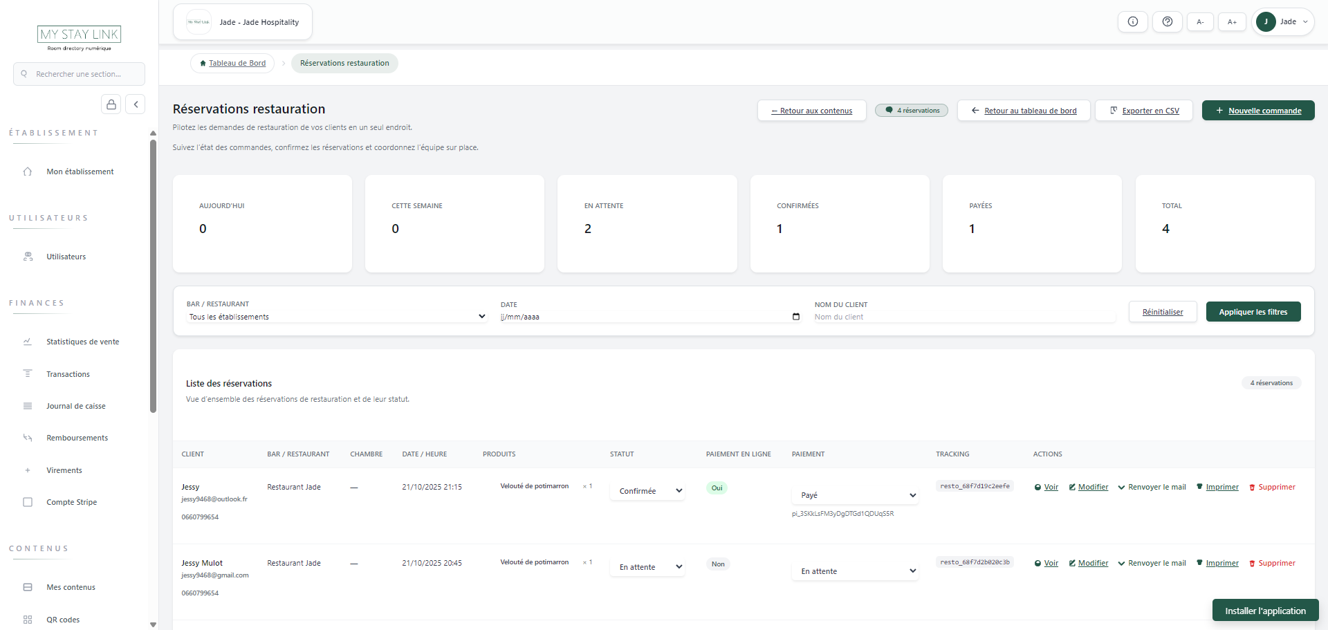 Room directory -  Gestion des commandes restauration